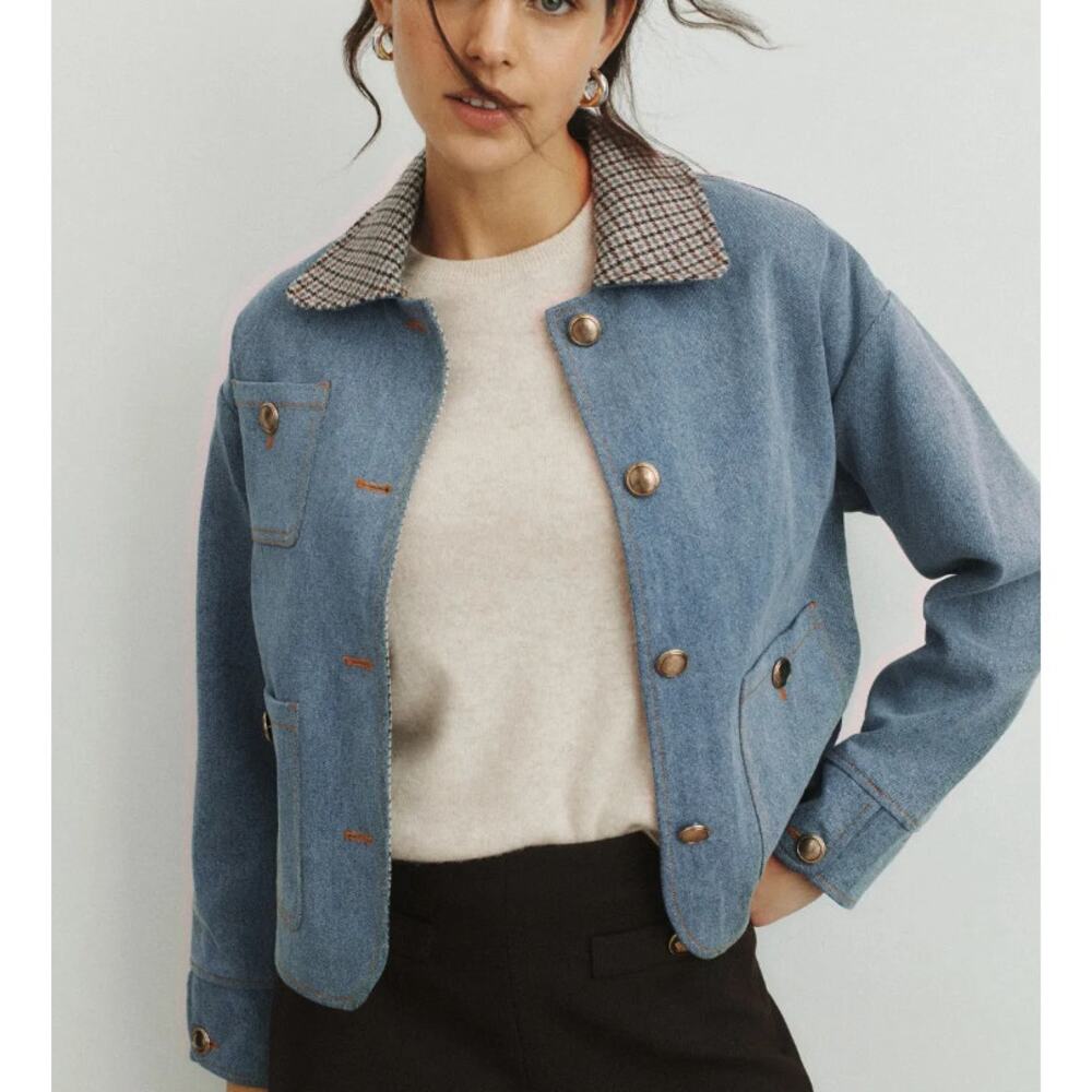 Sandro Denim Jacket SIZE 8 Oversized Barn Chore Coat Jean Tweed Designer $725 - Picture 3 of 12